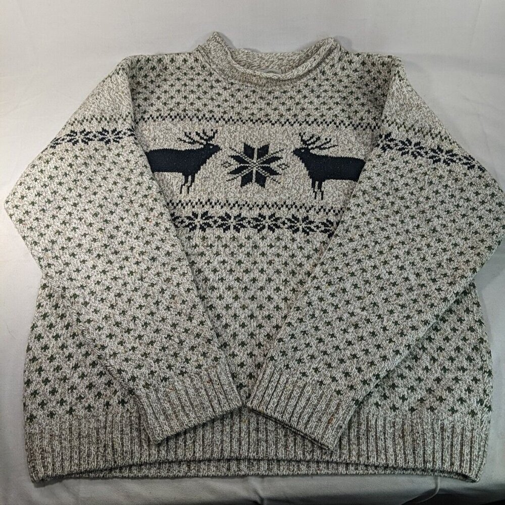 R&R Vintage Wool Knit Sweater Men's Medium M 83015 Beige Deer Winter Holiday